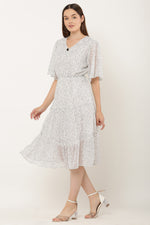 Thumbnail for PAVONINE Micro Dots V-Neck Georgette Fabric White Dress For Women - Distacart