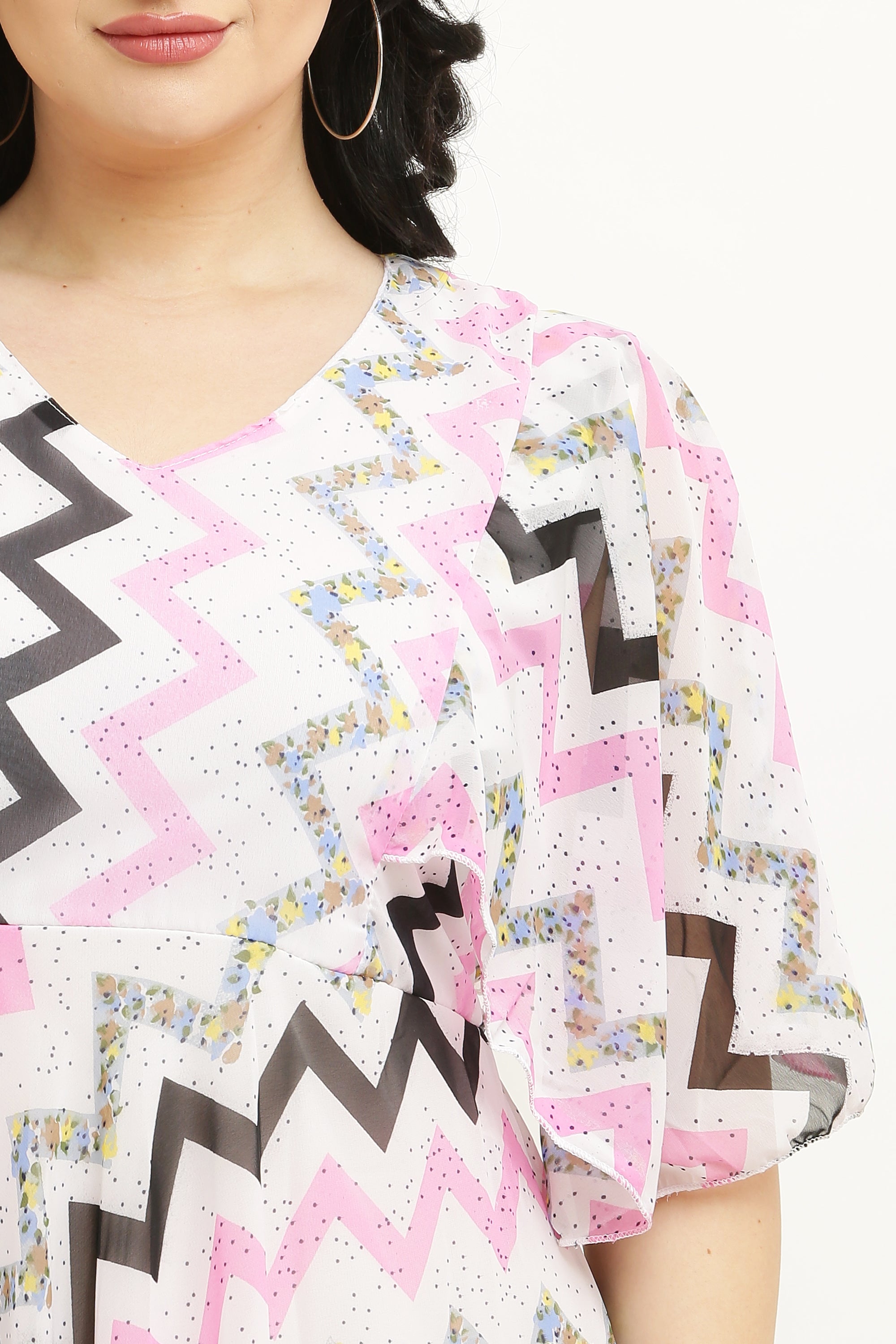 PAVONINE Zig-Zag Printed Georgette Fabric Pink Dress For Women - Distacart