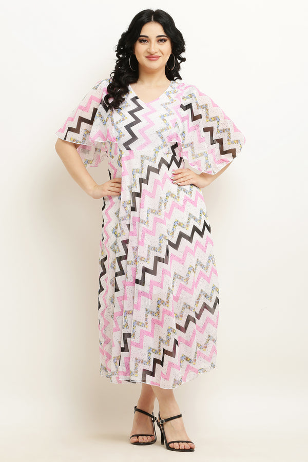 PAVONINE Zig-Zag Printed Georgette Fabric Pink Dress For Women - Distacart