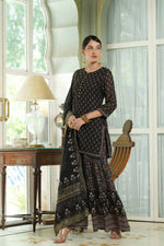 Thumbnail for Juniper Black Georgette Festive Floral Print Straight Tunic-Sharara For Women - Distacart