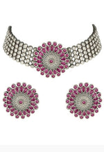 Thumbnail for Mominos Fashion Johar Kamal Oxidised Silver-Plated Brass Finish Kundan Choker For Women (Pink) - Distacart