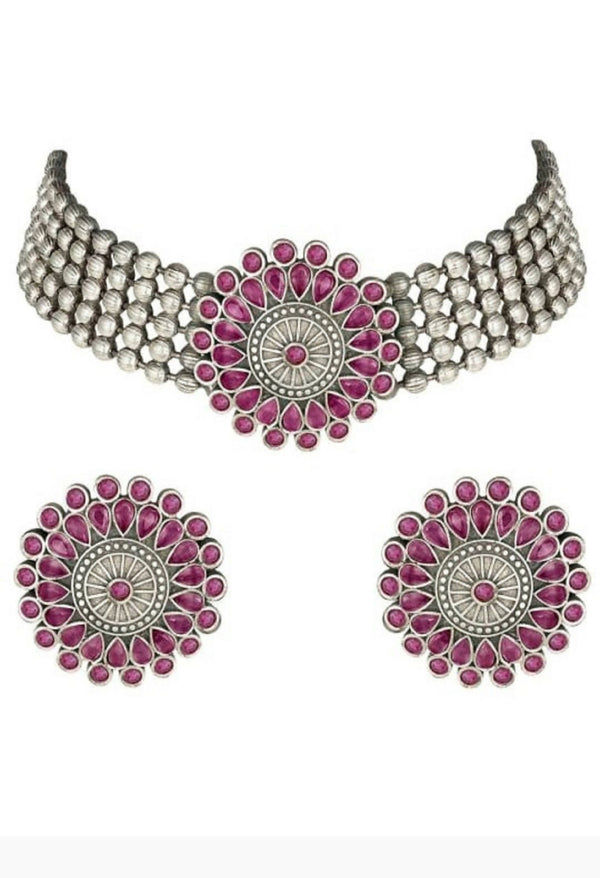 Mominos Fashion Johar Kamal Oxidised Silver-Plated Brass Finish Kundan Choker For Women (Pink) - Distacart