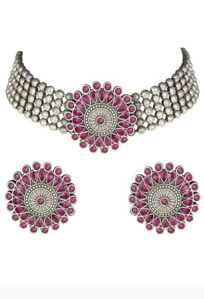 Mominos Fashion Johar Kamal Oxidised Silver-Plated Brass Finish Kundan Choker For Women (Pink) - Distacart