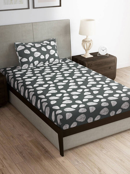 Story@home Arena Grey & White Floral Printed 180 TC Bedsheet & Pillow Covers - Distacart