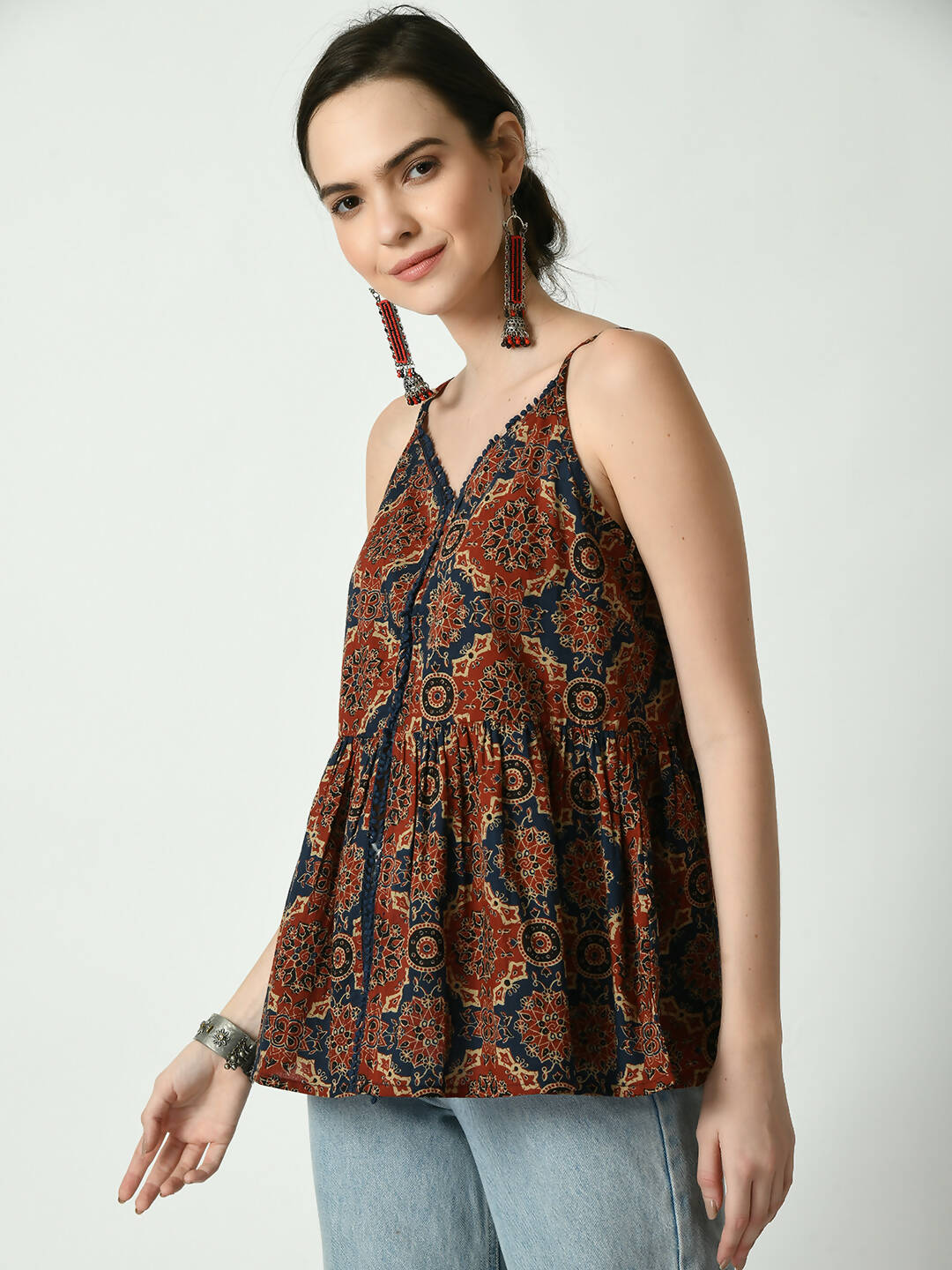 Myshka Women's Rust Printed Sweetheart Neck Top - Distacart