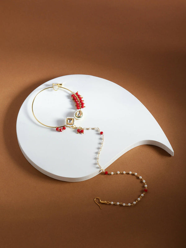 Gold-Plated White Red Stone-Studded Pearl Beaded Nosepin - Ruby Raang - Distacart