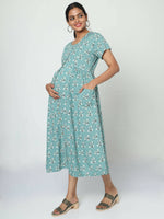 Thumbnail for Manet Short Sleeves Maternity Dress Floral Print With Concealed Zipper Nursing Access - Green - Distacart