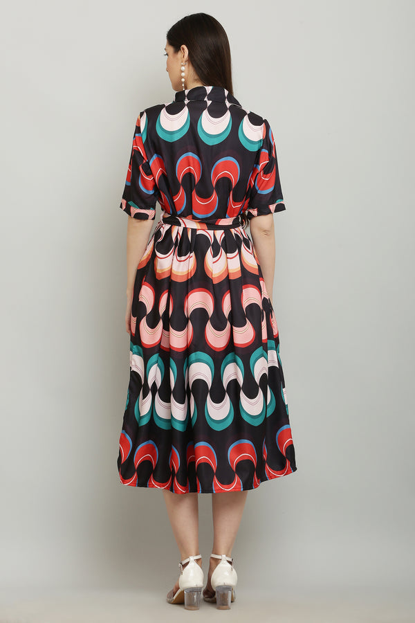 PAVONINE Zig-Zag Multi-Colors Printed Crepe Fabric Black Dress For Women - Distacart