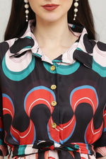 Thumbnail for PAVONINE Zig-Zag Multi-Colors Printed Crepe Fabric Black Dress For Women - Distacart