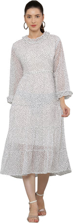 Thumbnail for PAVONINE Micro Dots Frill-Neck Georgette Fabric White Dress For Women - Distacart