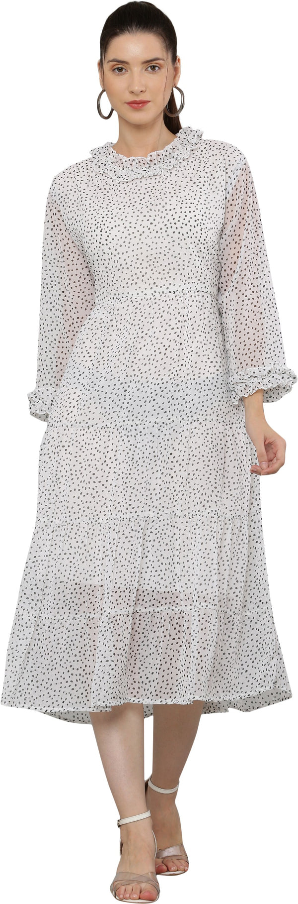 PAVONINE Micro Dots Frill-Neck Georgette Fabric White Dress For Women - Distacart