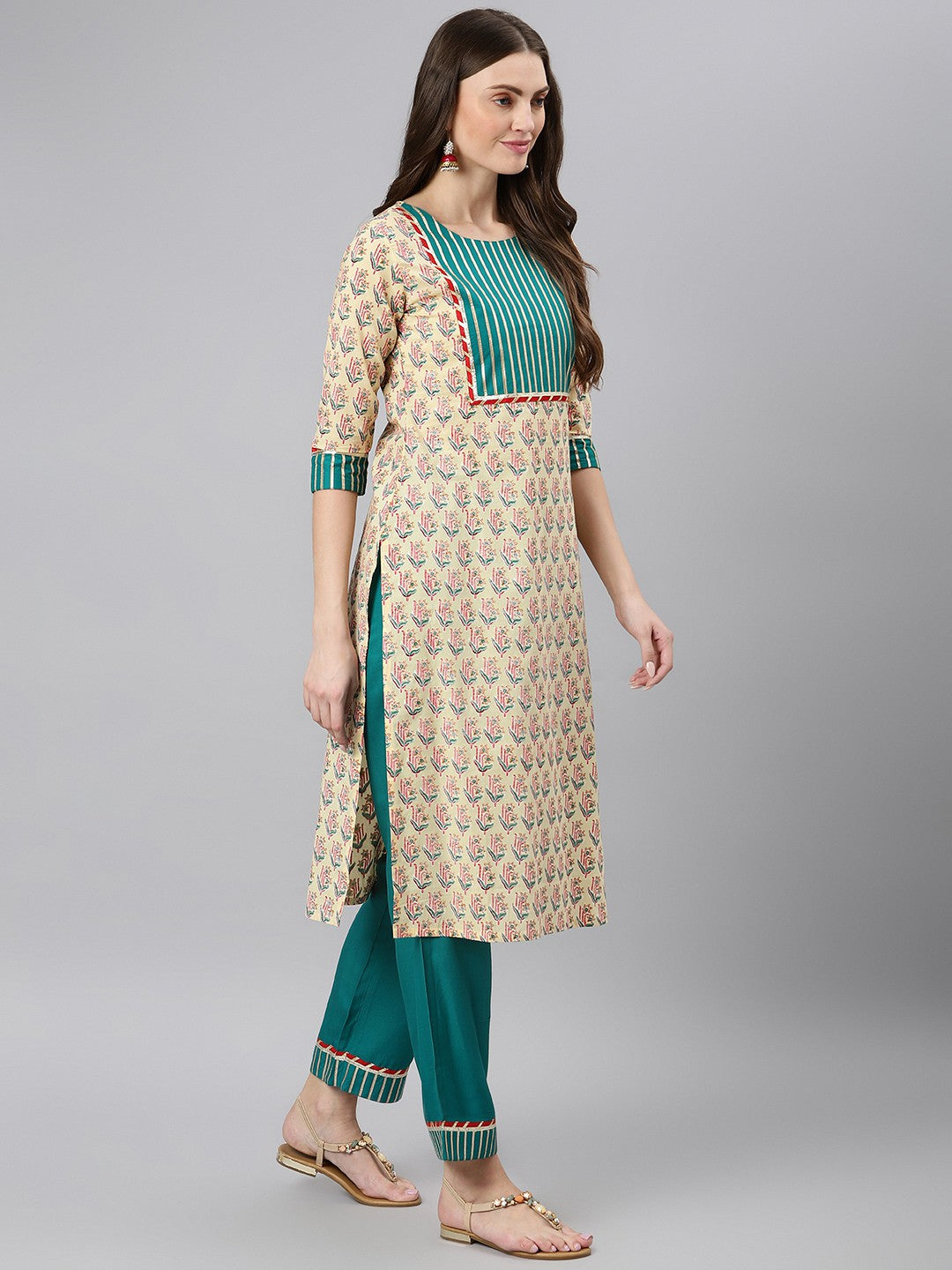 Khushal K Beige Color Cotton Printed Kurta And Palazzo With Printed Dupatta Set