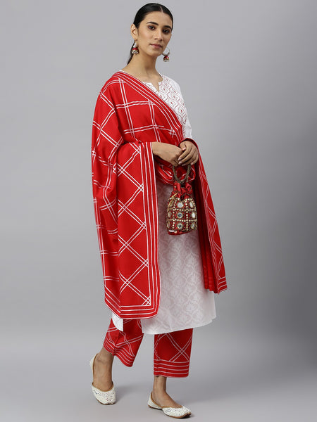 Khushal K Women White Kurta and Pant With Dupatta Set