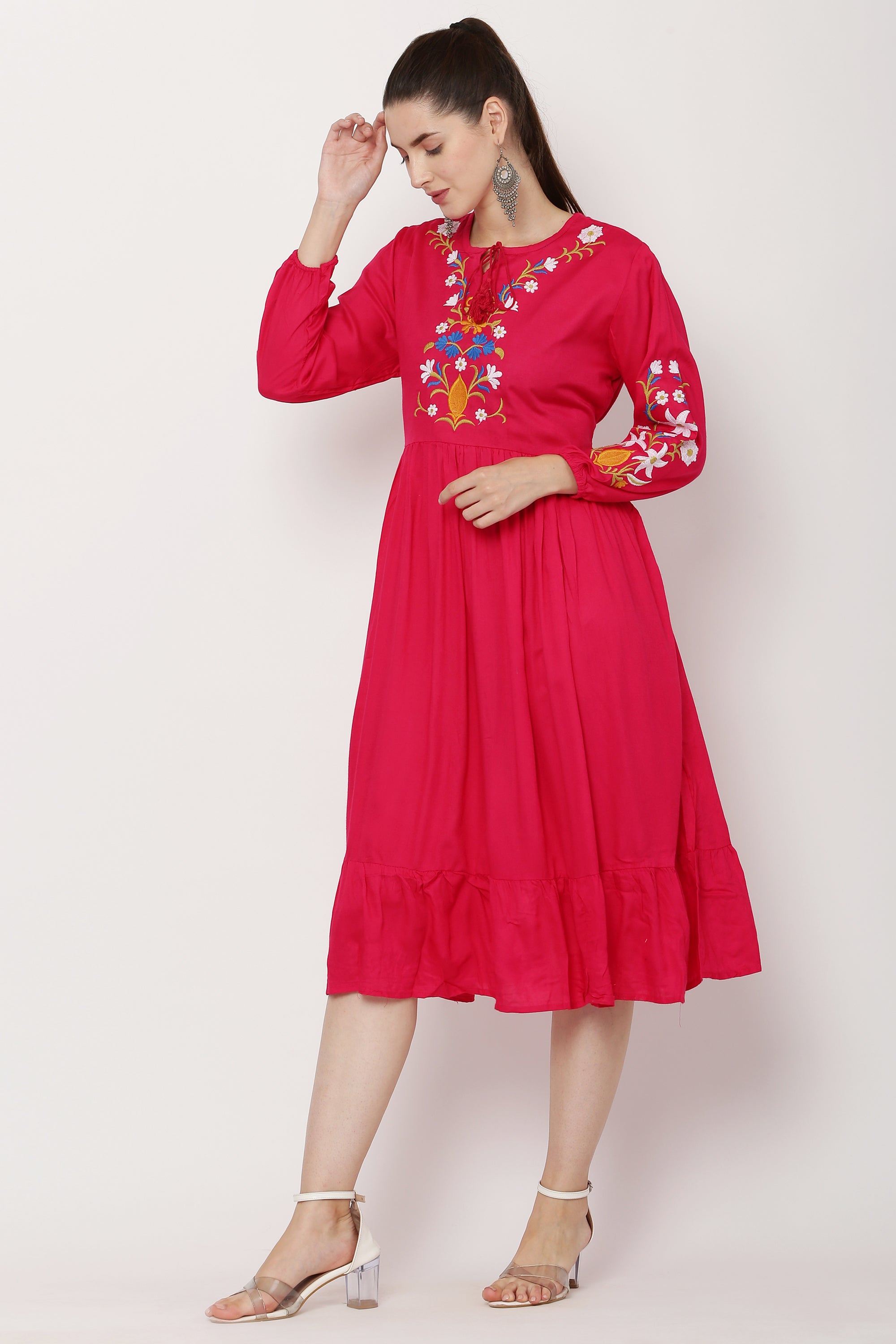 PAVONINE Rani Color Flower Embroidery Dress For Women - Distacart