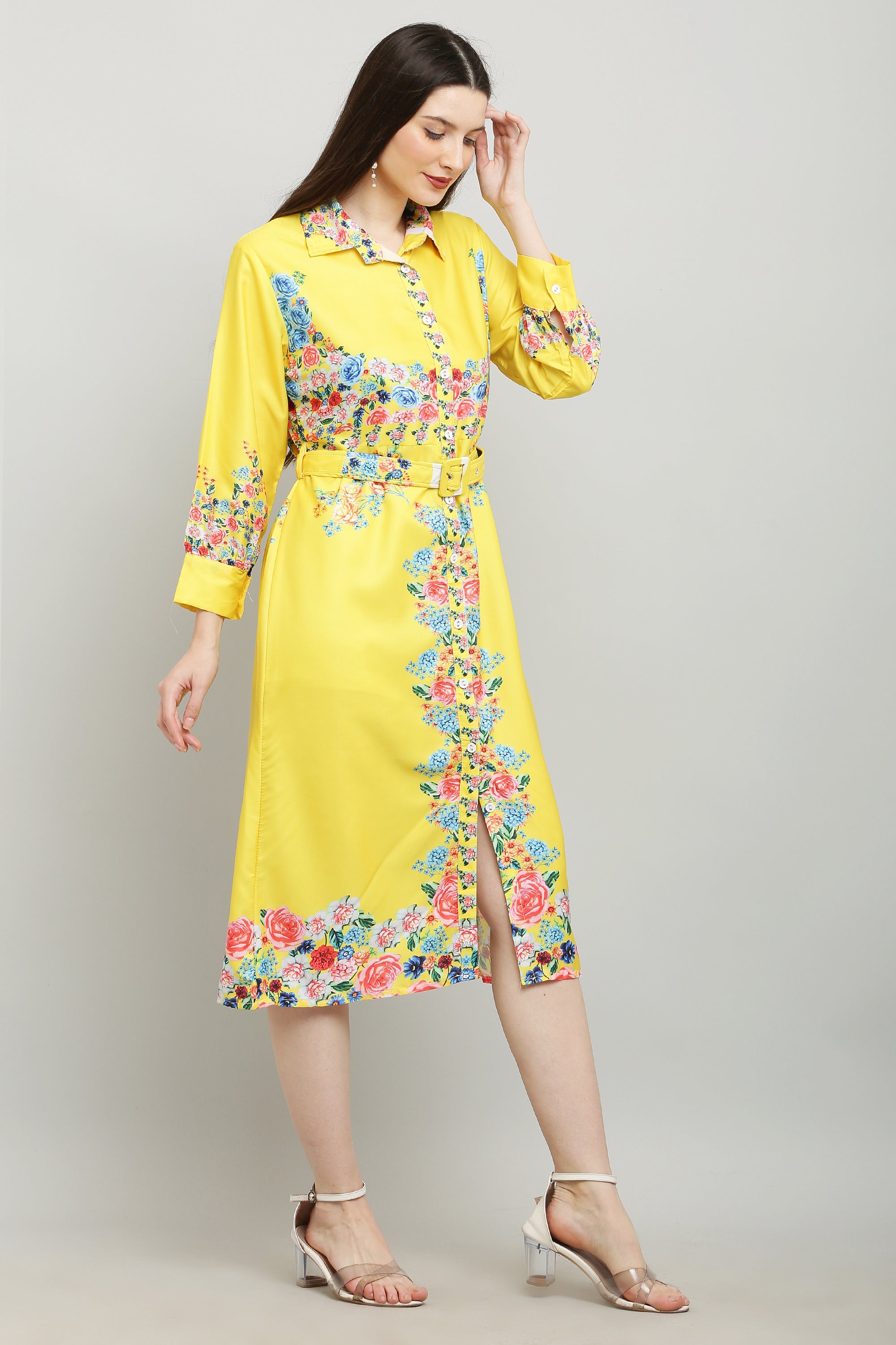 PAVONINE Cat Flower Digital Print Yellow Color A-Line Dress For Women - Distacart