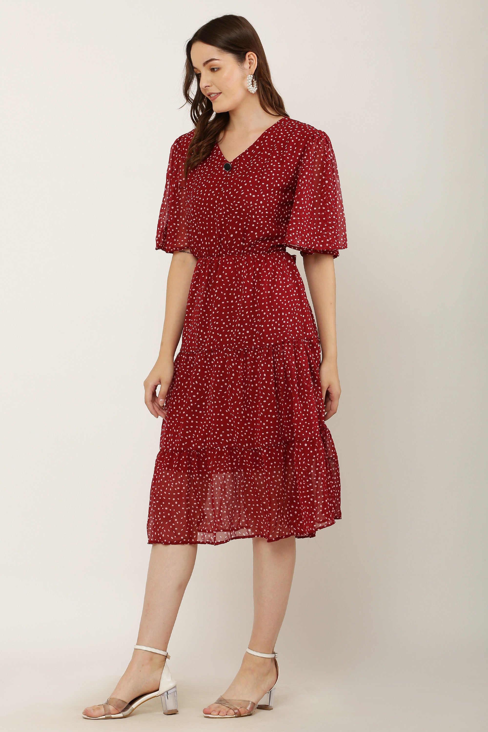 PAVONINE Micro Dots V-Neck Georgette Fabric Maroon Dress For Women - Distacart