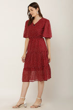 Thumbnail for PAVONINE Micro Dots V-Neck Georgette Fabric Maroon Dress For Women - Distacart