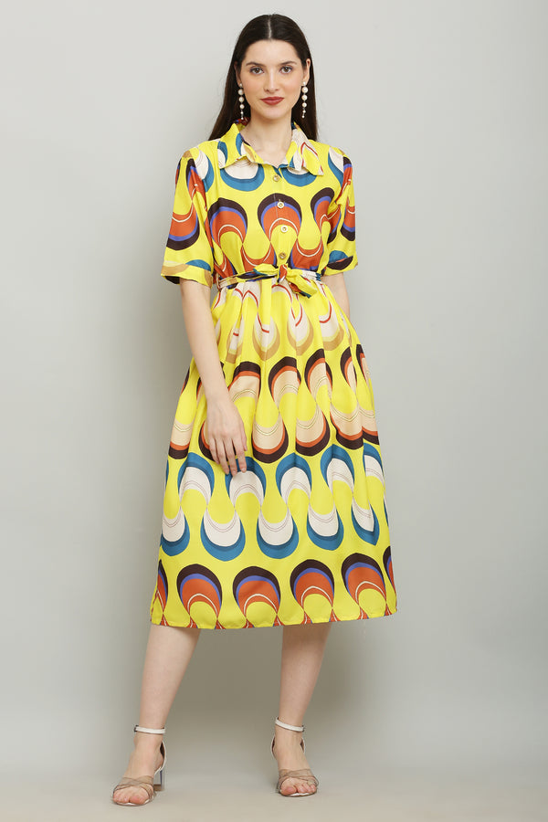 PAVONINE Zig-Zag Multi-Colors Printed Crepe Fabric Yellow Dress For Women - Distacart