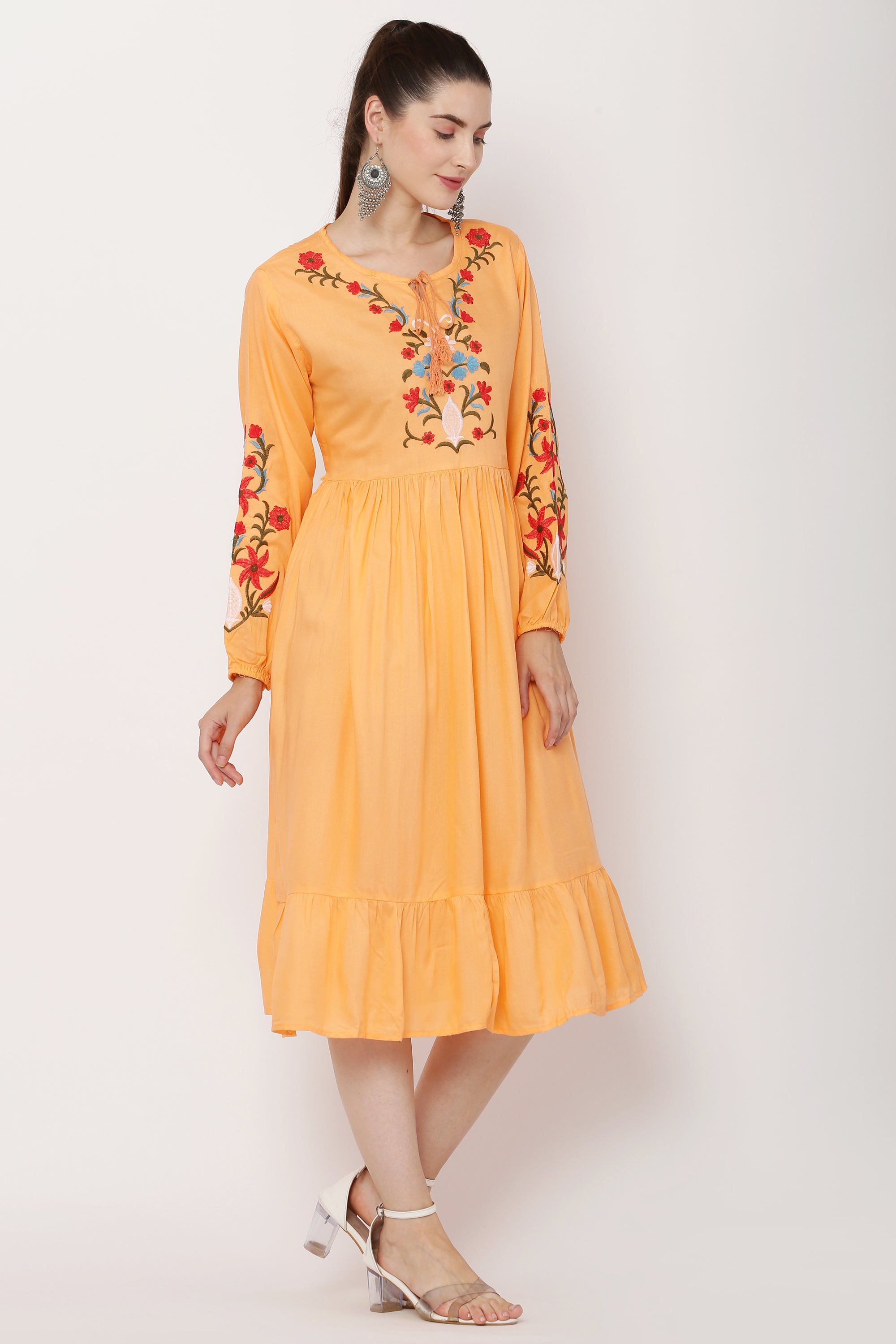 PAVONINE Peach Color Flower Embroidery Dress For Women - Distacart