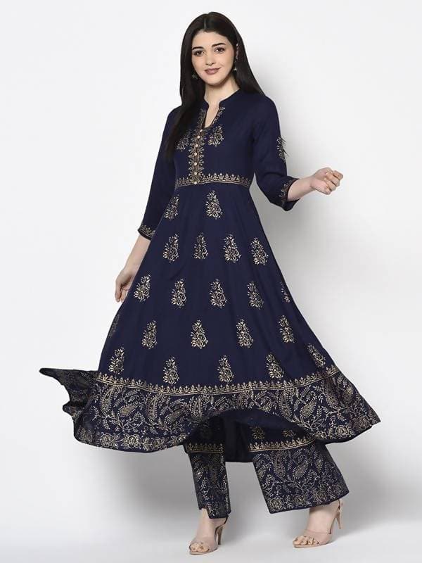 Aniyah Rayon Navy Blue Color Block Print Flared Slip-On Palazzo (AN-211K)