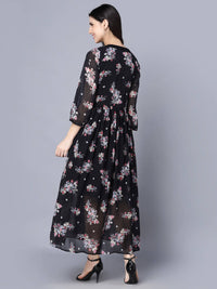 Thumbnail for Myshka Black Floral Keyhole Neck Georgette Maxi Dress - Distacart