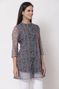 Thumbnail for Myshka Women's Beautiful Organza Printed Printed 3/4 Sleeve Round Neck Casual Multicolor Tunic