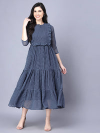 Thumbnail for Myshka Georgette Solid 3/4 Sleeve Round Dark Grey Women Dress - Distacart