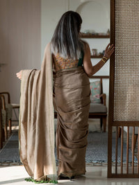Thumbnail for Suta Taupe Solid Cotton Blend Saree - Distacart