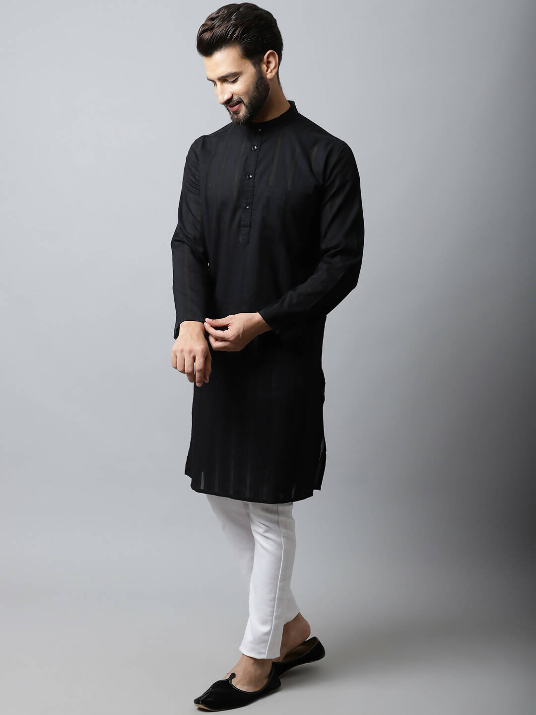 Even Apparels Black Color Pure Cotton Men's Kurta With Band Collar (STR1188) - Distacart