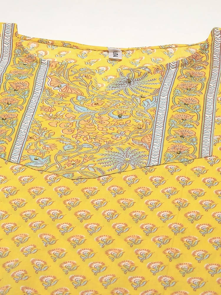 Yufta Yellow and Blue printed kurta with Trouser and Dupatta
