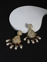 Thumbnail for Gold-Toned White Kundan Contemporary Gold-Plated Jhumkas Earrings - Ruby Raang - Distacart