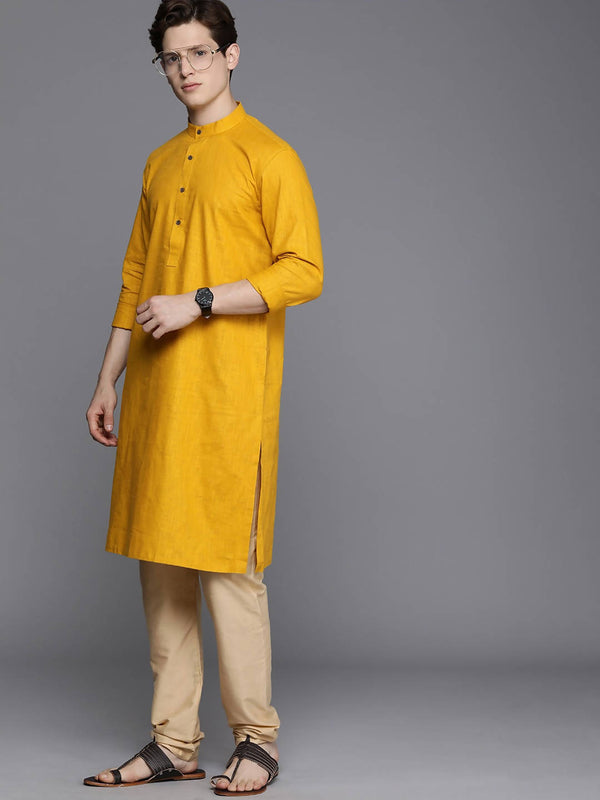 Manyavar Men Yellow Solid Band Collar Regular Sleeves Straight Kurta - Distacart