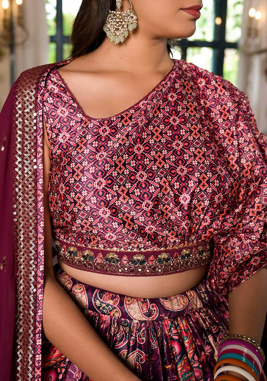 Women's Wedding Traditional Mulberry Dull Satin Lehenga Choli - Kaushlya - Distacart