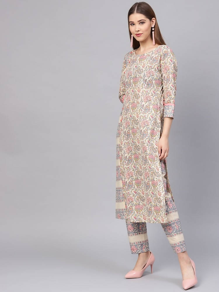 Yufta Women Beige & Grey Printed Kurta with Trouser