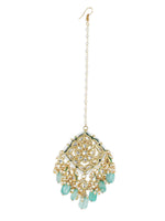Thumbnail for White Blue Gold-Plated Kundan-Studded Beaded Maang Tikka - Ruby Raang - Distacart
