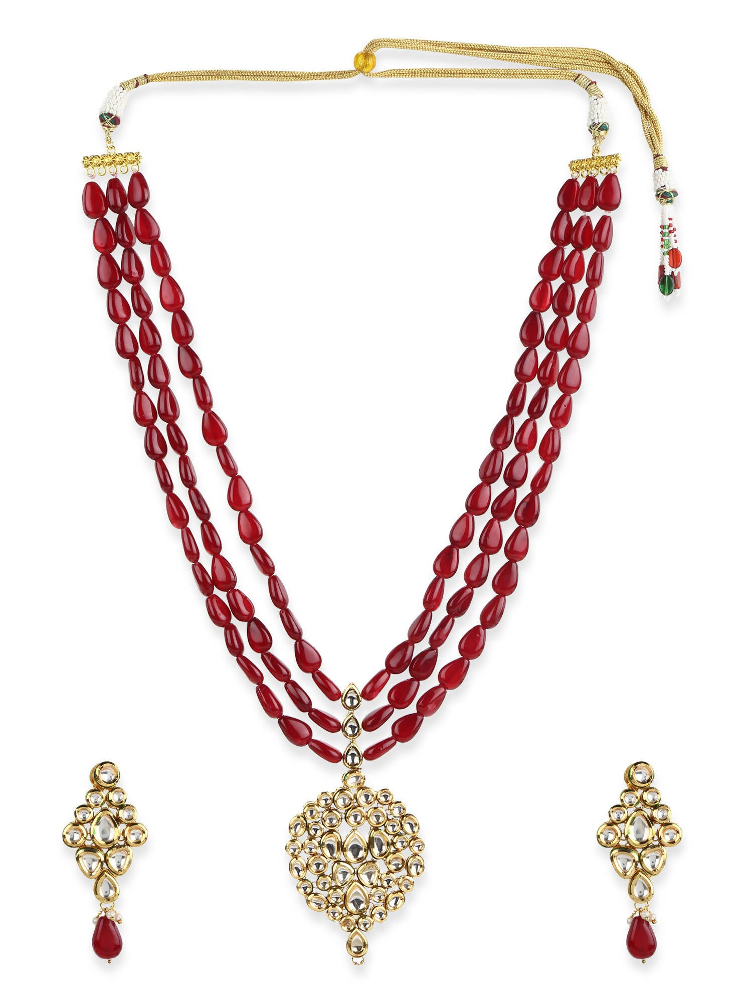 Gold-Plated White Maroon Kundan Studded Beaded Handcrafted Jewellery Set - Ruby Raang - Distacart