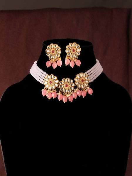 Mominos Fashion Johar Kamal Women's Pink Beads Pearls Gold-Plated Jewellery Set