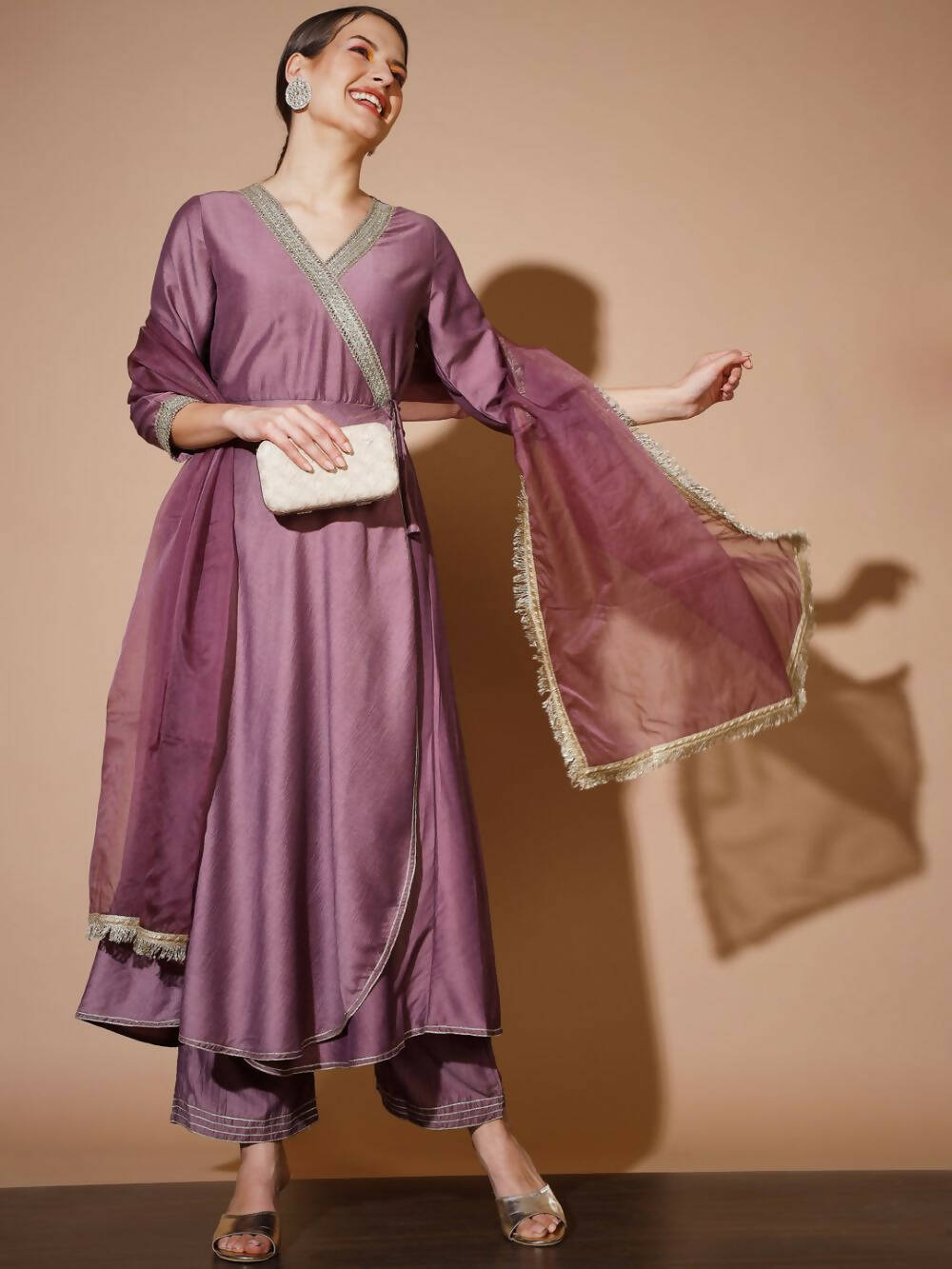 Myshka Women Mauve Solid Kurta & Palazzos With Dupatta - Distacart
