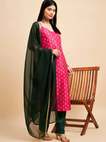 Thumbnail for Magenta Pink and Green Polyester Printed Kurta with Trousers & Dupatta - Vishwa - Distacart