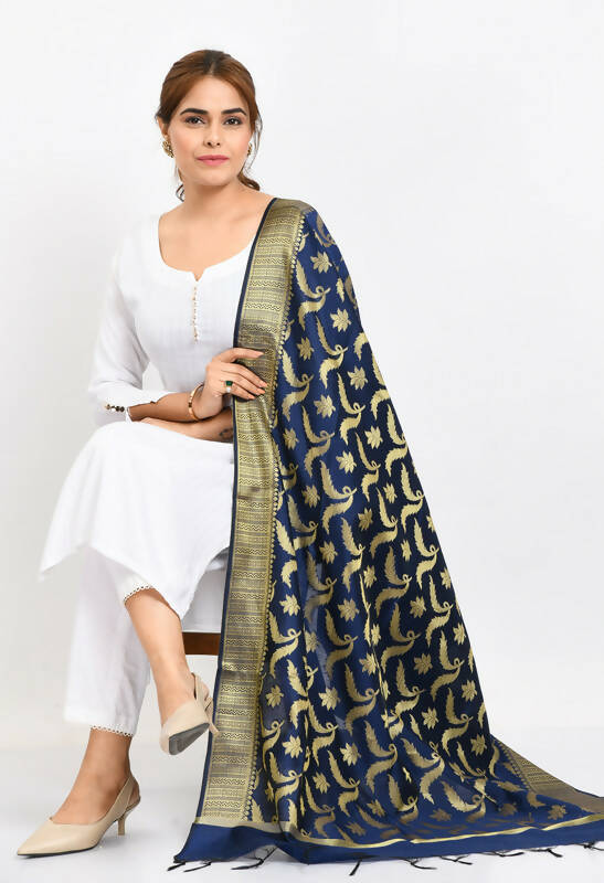 Mominos Fashion Moeza Women's Banarsi Silk Floral Woven Design Navy Blue Dupatta - Distacart