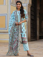Thumbnail for Juniper Women's Skyblue Cambric Floral Placement Printed Straight Fit Kurta Sets - Distacart