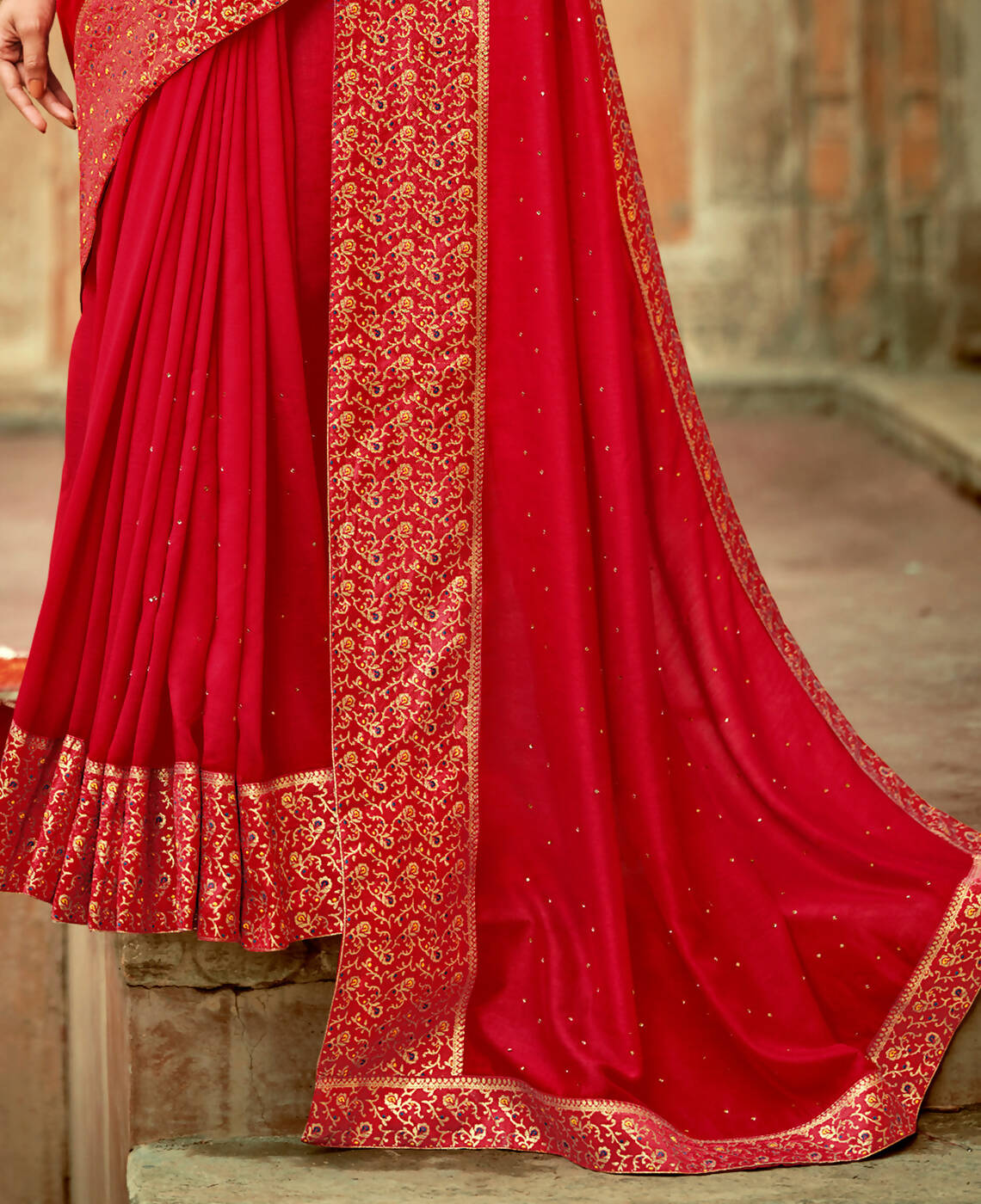 Red Vichitra Stone Work Saree With Unstitched Blouse Piece - Rosy - Distacart