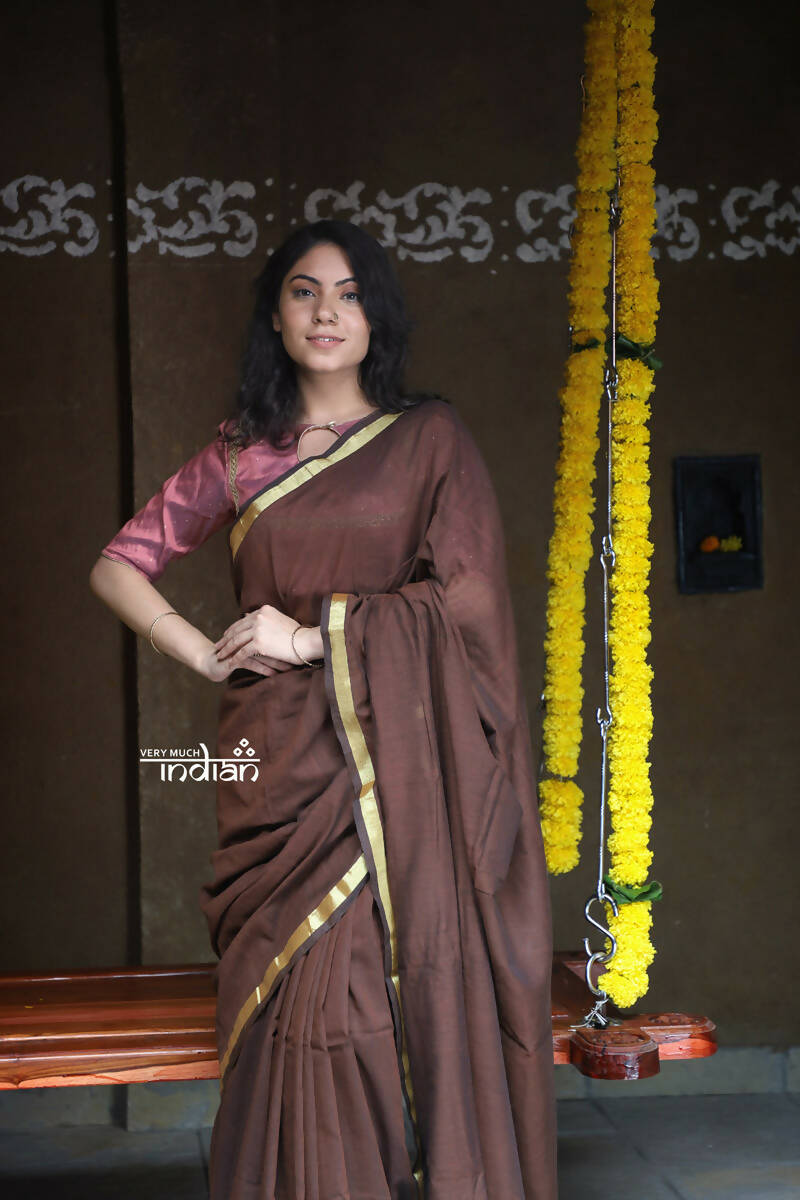 Very Much Indian Saadgi Pure Cotton Handloom Sarees - Brown - Distacart