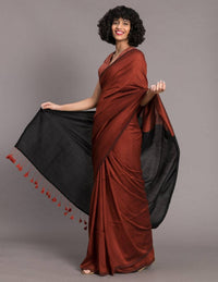 Thumbnail for Suta Rust Brown Black Cotton Blend Colourblocked Saree - Distacart