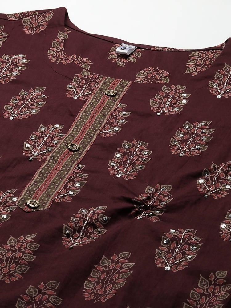 Yufta Women Maroon Ethnic Motifs Regular Sequinned Pure Cotton Kurta with Trouser