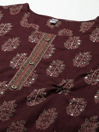 Thumbnail for Yufta Women Maroon Ethnic Motifs Regular Sequinned Pure Cotton Kurta with Trouser
