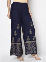 Thumbnail for Aniyah Rayon Navy Blue Color Block Print Flared Slip-On Palazzo (AN-211K)