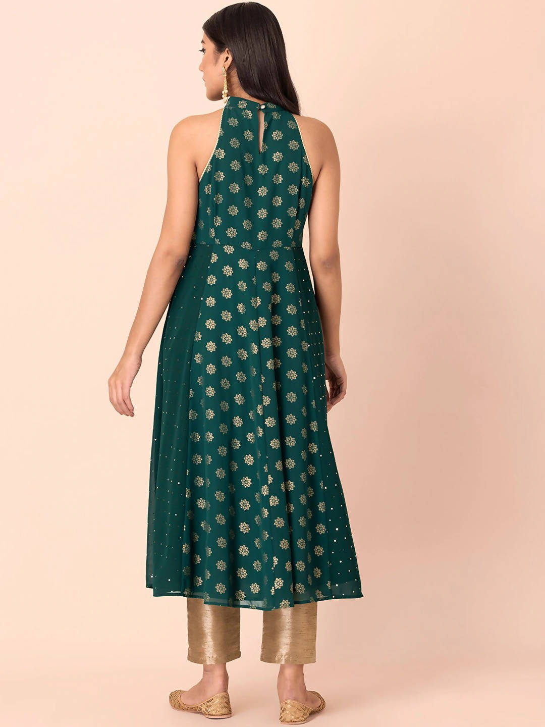 Indya Green Floral Printed Halter Neck Georgette Kurta With Zari Detail - Distacart