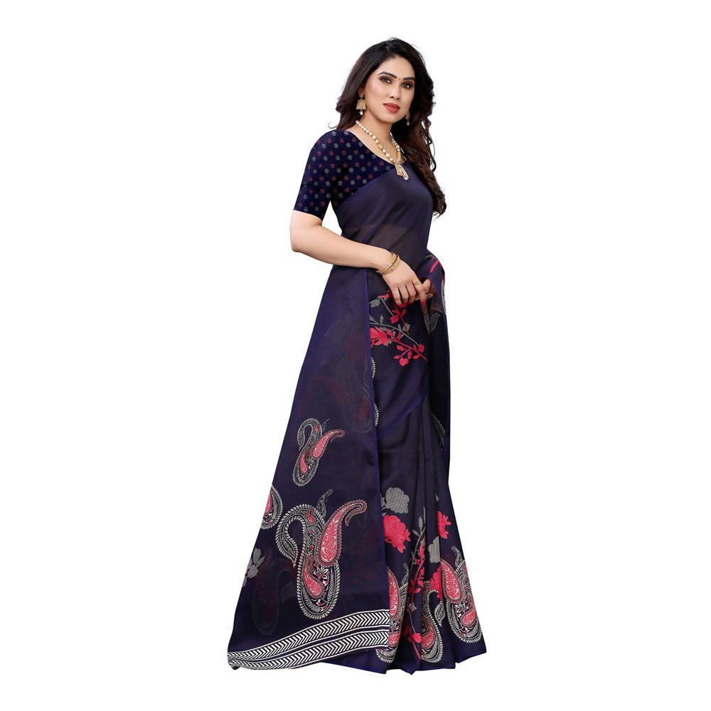 Printed Jute Silk Blue Saree