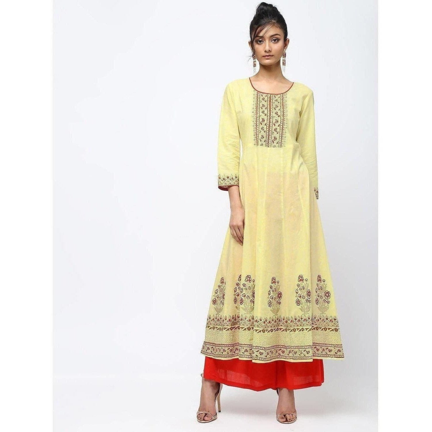 Cheera Lemon Yellow Kalidar Anarkali Foil Print Kurta
